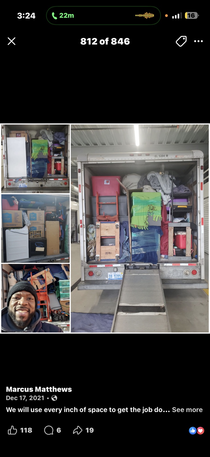 A collage showing loaded moving trucks and a team member